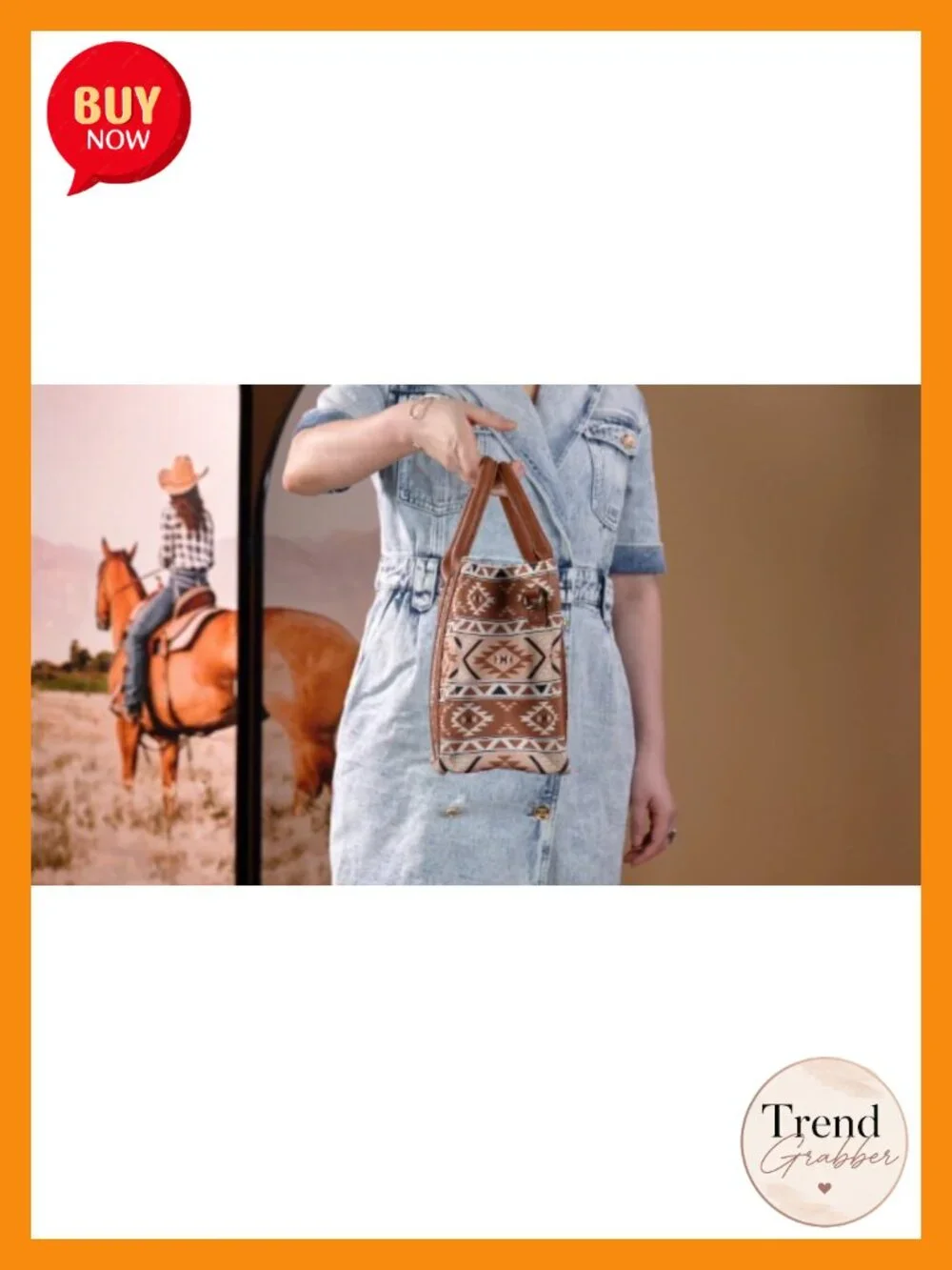 Canvas Cotton Tote Bag with Aztec Print, Guitar Strap, Zip Pockets
